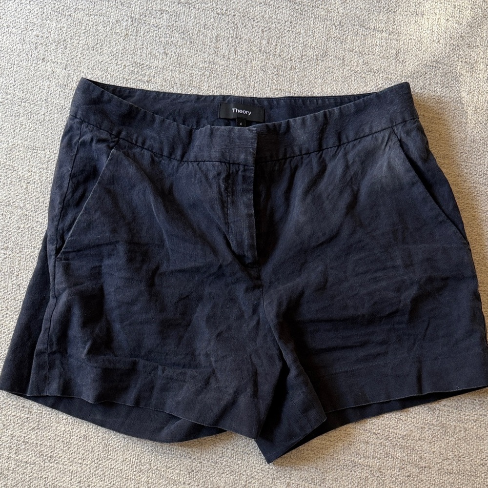 Theory  Size 4 Navy Black High-Rise Linen-Blend Shorts